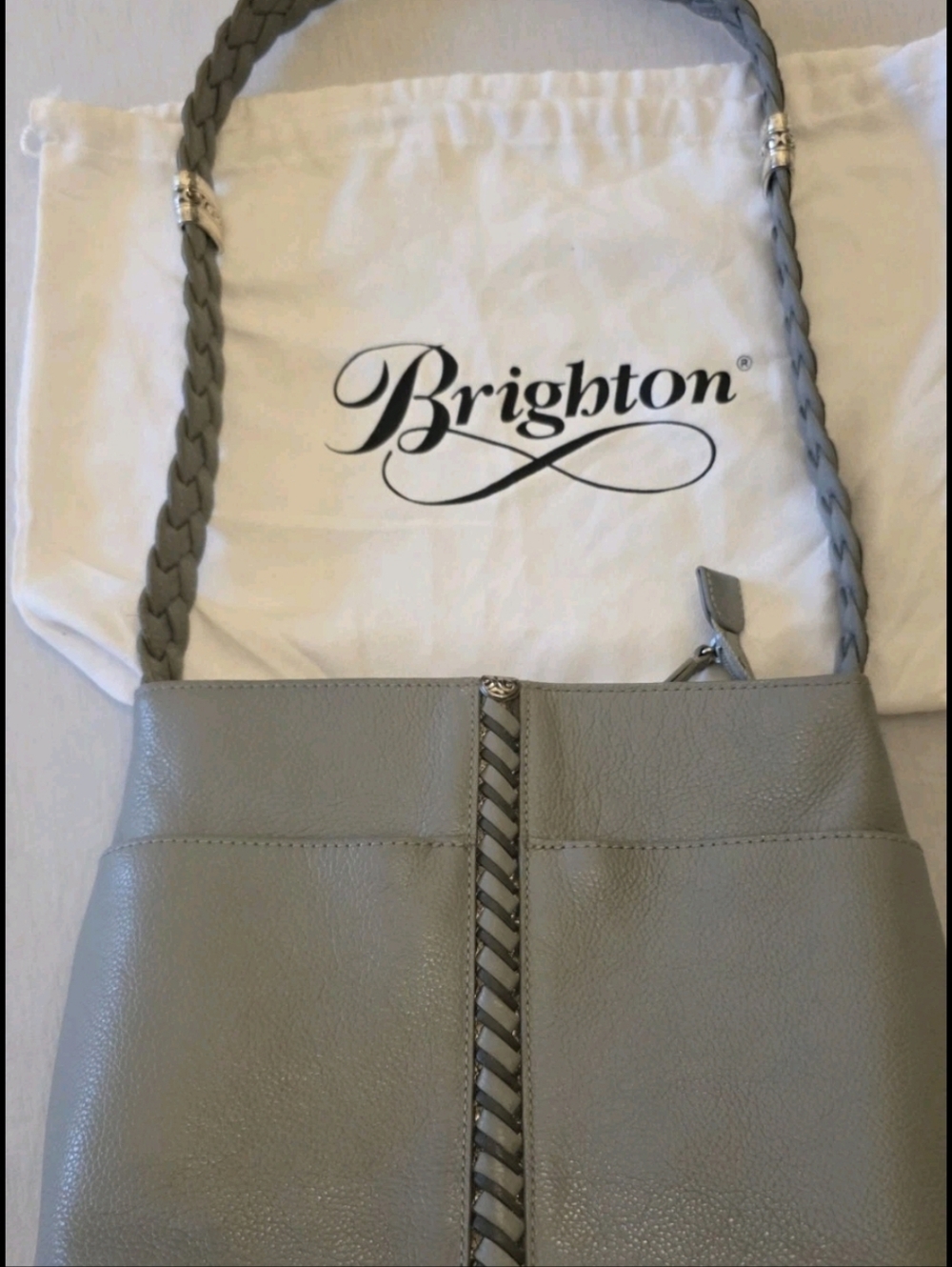 Brighton Gray Braided-Detail Leather Shoulder Bag